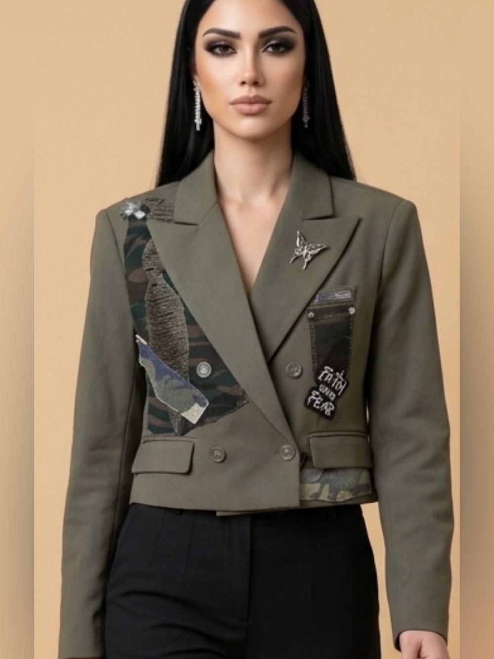 Upcycled Olive Green Cropped Double-Breasted Patchwork Blazer size S
